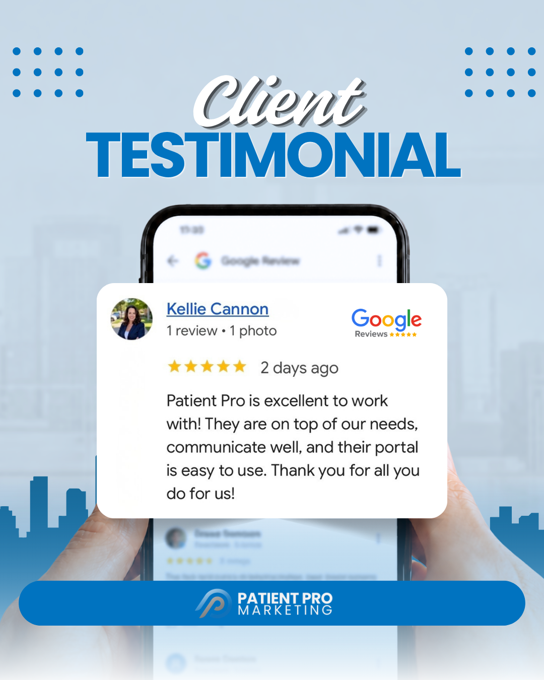 Five-star Google review from Kellie Cannon about Patient Pro's communication and portal